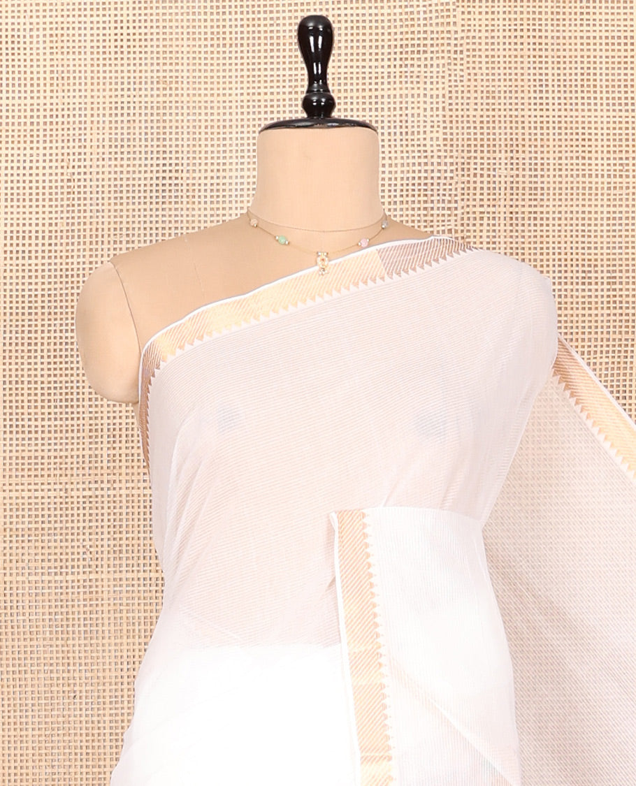 White Plain Andhra Cotton Saree, Highlighted by a Temple Zari Border, Contrast Striped Pallu, and a Contrast Blouse