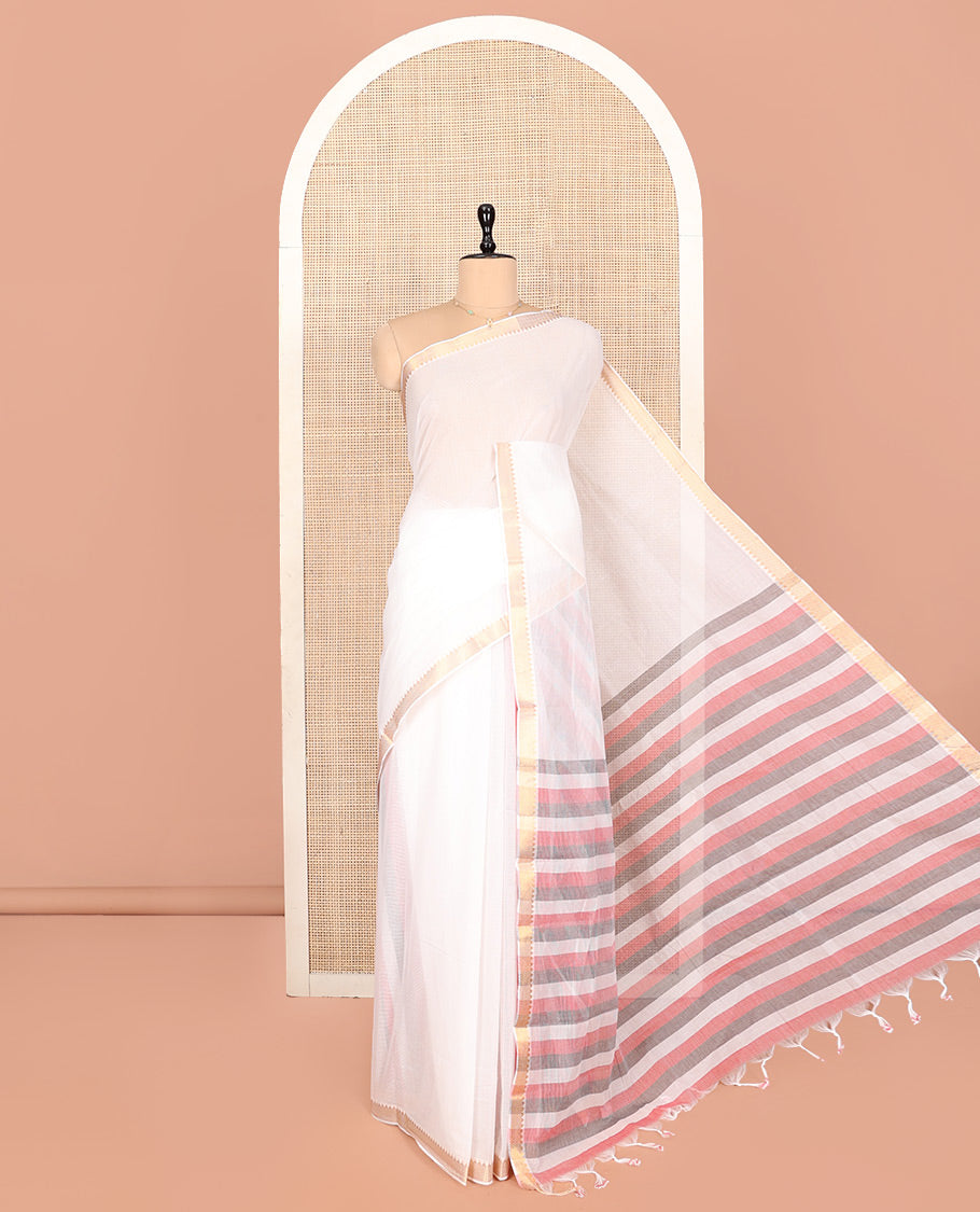 White Plain Andhra Cotton Saree, Highlighted by a Temple Zari Border, Contrast Striped Pallu, and a Contrast Blouse