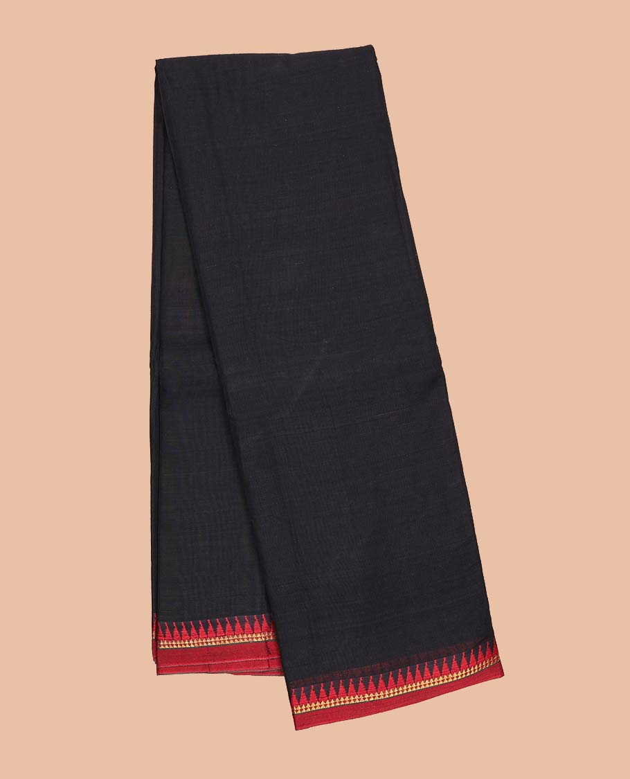 Black plain Narayanapet cotton saree, contrast temple border & striped pallu