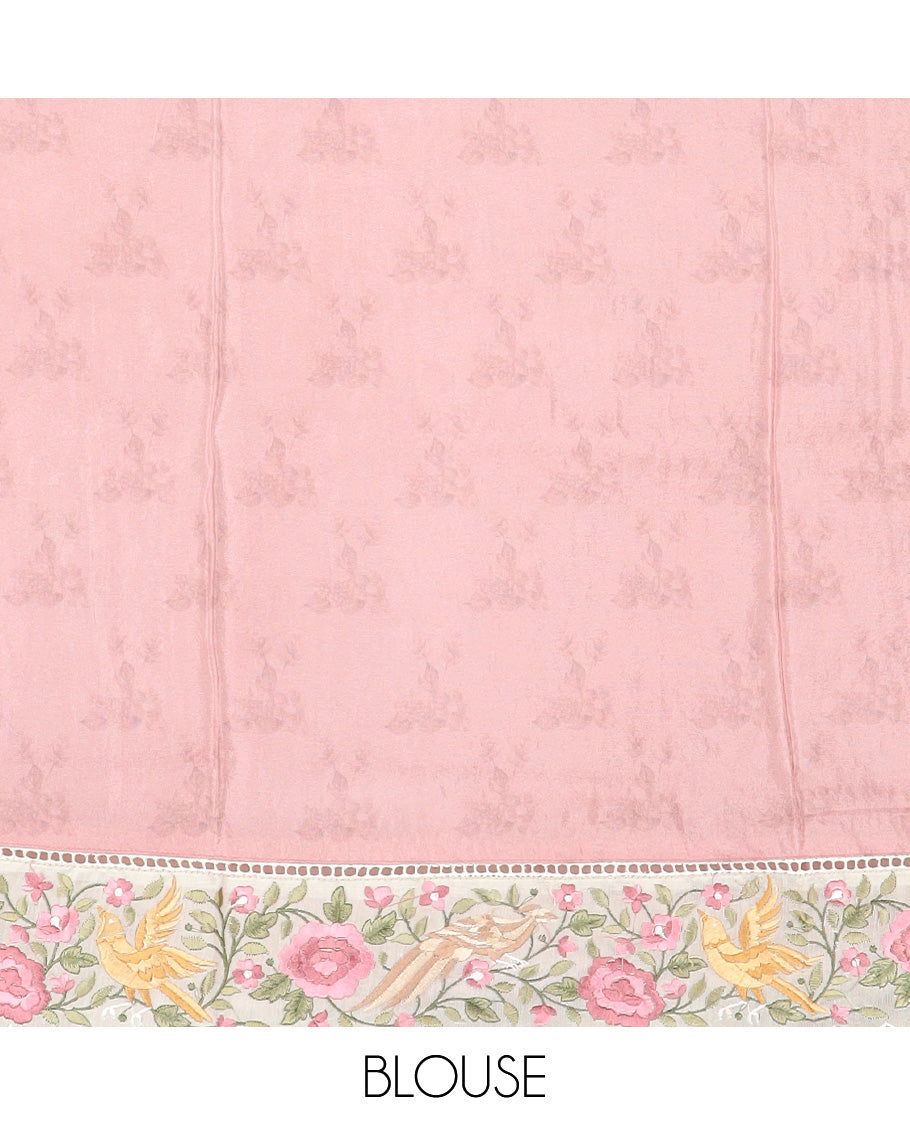 Pink buttas with floral printed dola silk saree, contrast floral embroidered scallop border