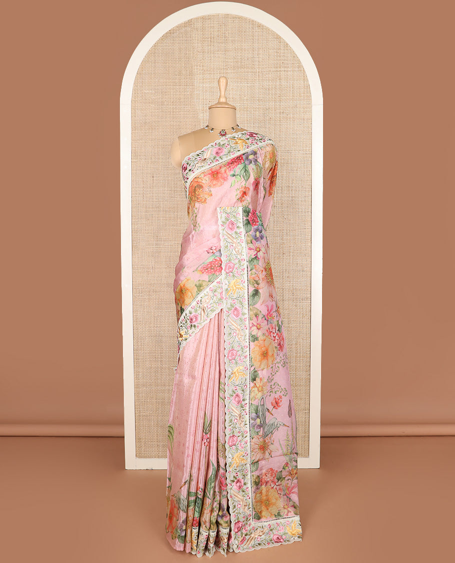 Pink buttas with floral printed dola silk saree, contrast floral embroidered scallop border