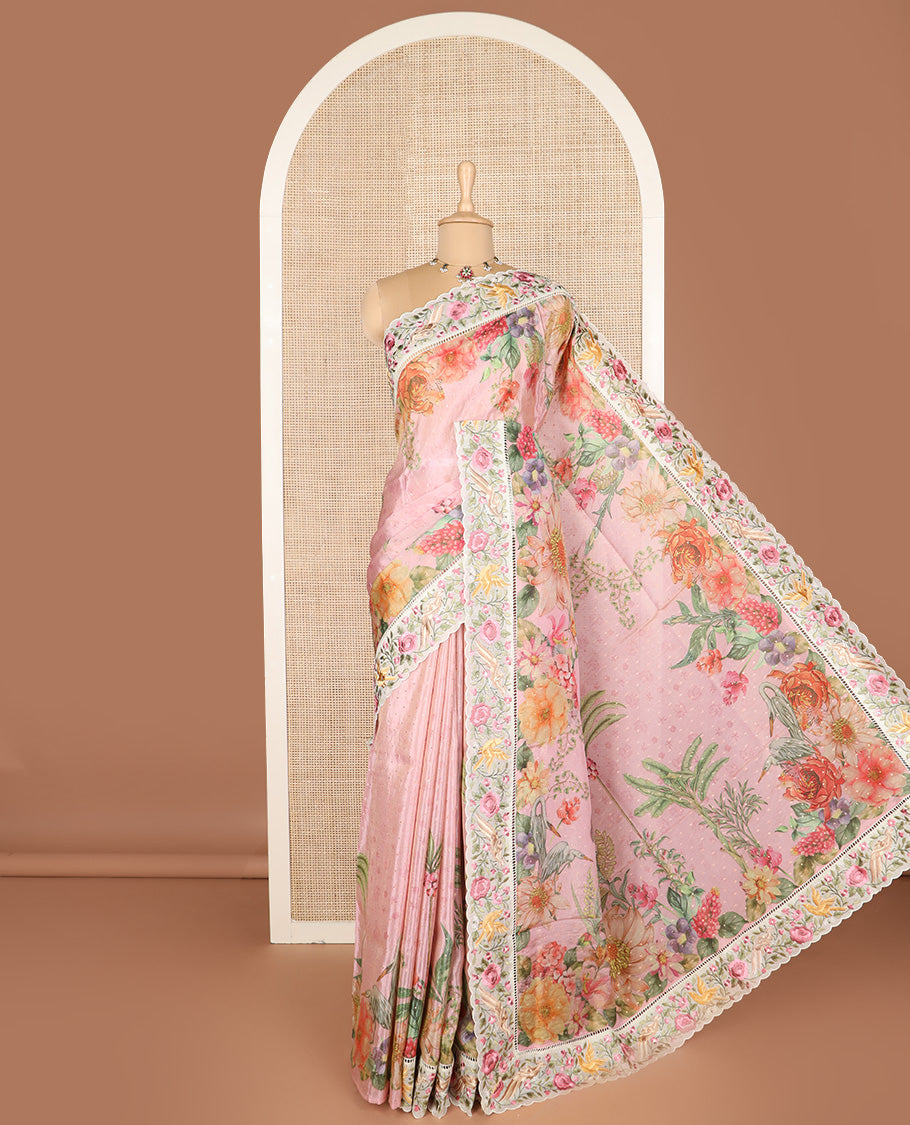 Pink buttas with floral printed dola silk saree, contrast floral embroidered scallop border