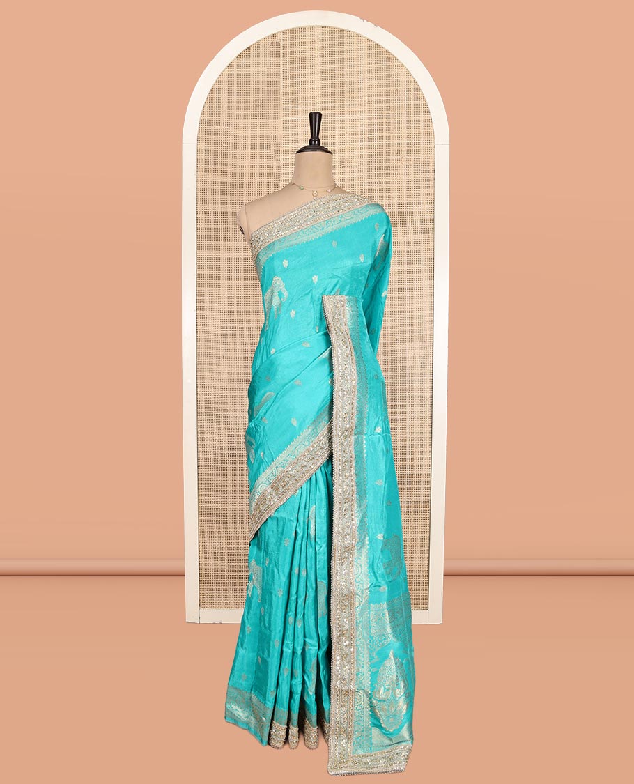 Rama Blue Elephant Buttas Russian Dola Silksaree,Embroidery Patch Border,Matching Blouse