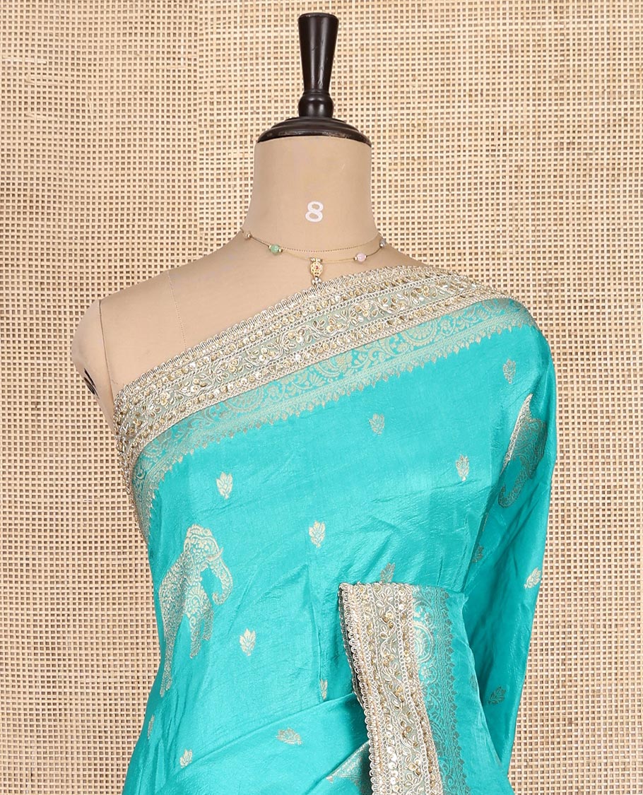 Rama Blue Elephant Buttas Russian Dola Silksaree,Embroidery Patch Border,Matching Blouse