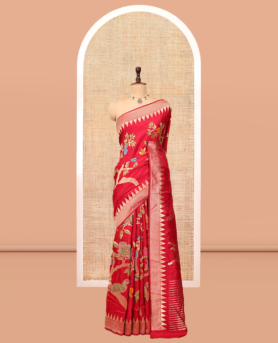 Rani Pink Dola Silk Saree Features Paithani Floral-Bird Motifs, Temple Border, Matching Blouse