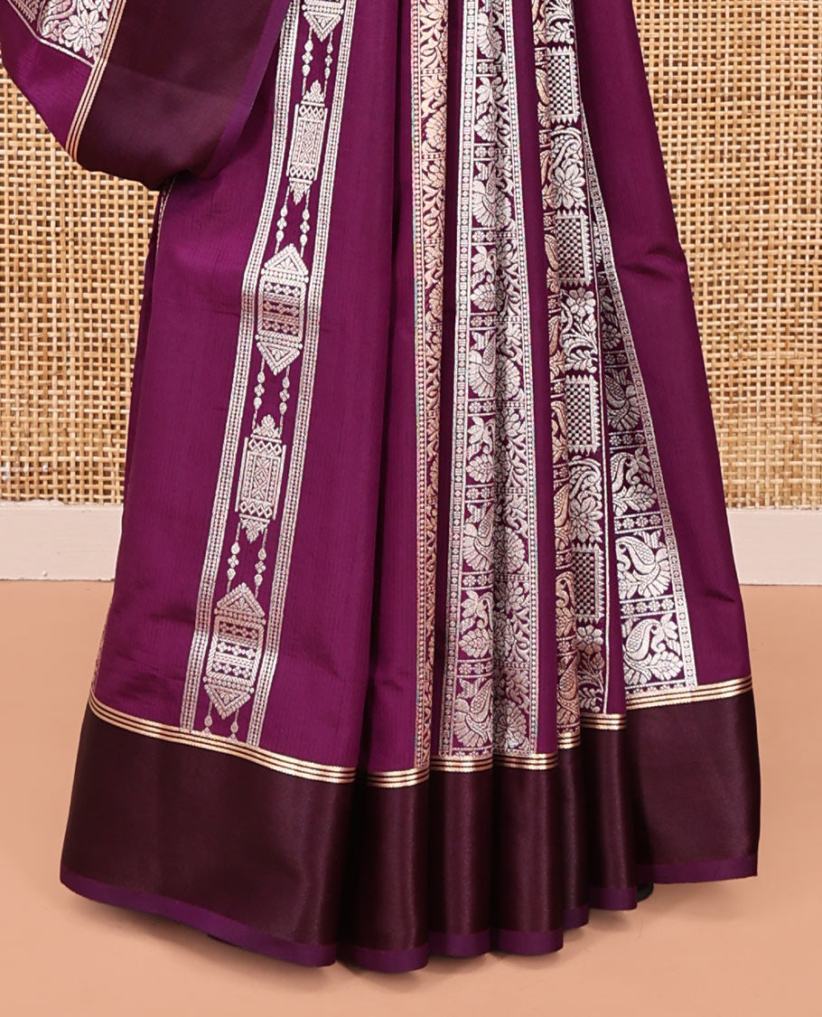 Purple Dupion Silk Saree, Richly Features Vertically Woven Traditional Patterns in Zari, Complemented by Contrast Zari Satin Border, Rich Pallu, and Paired with a Matching Blouse