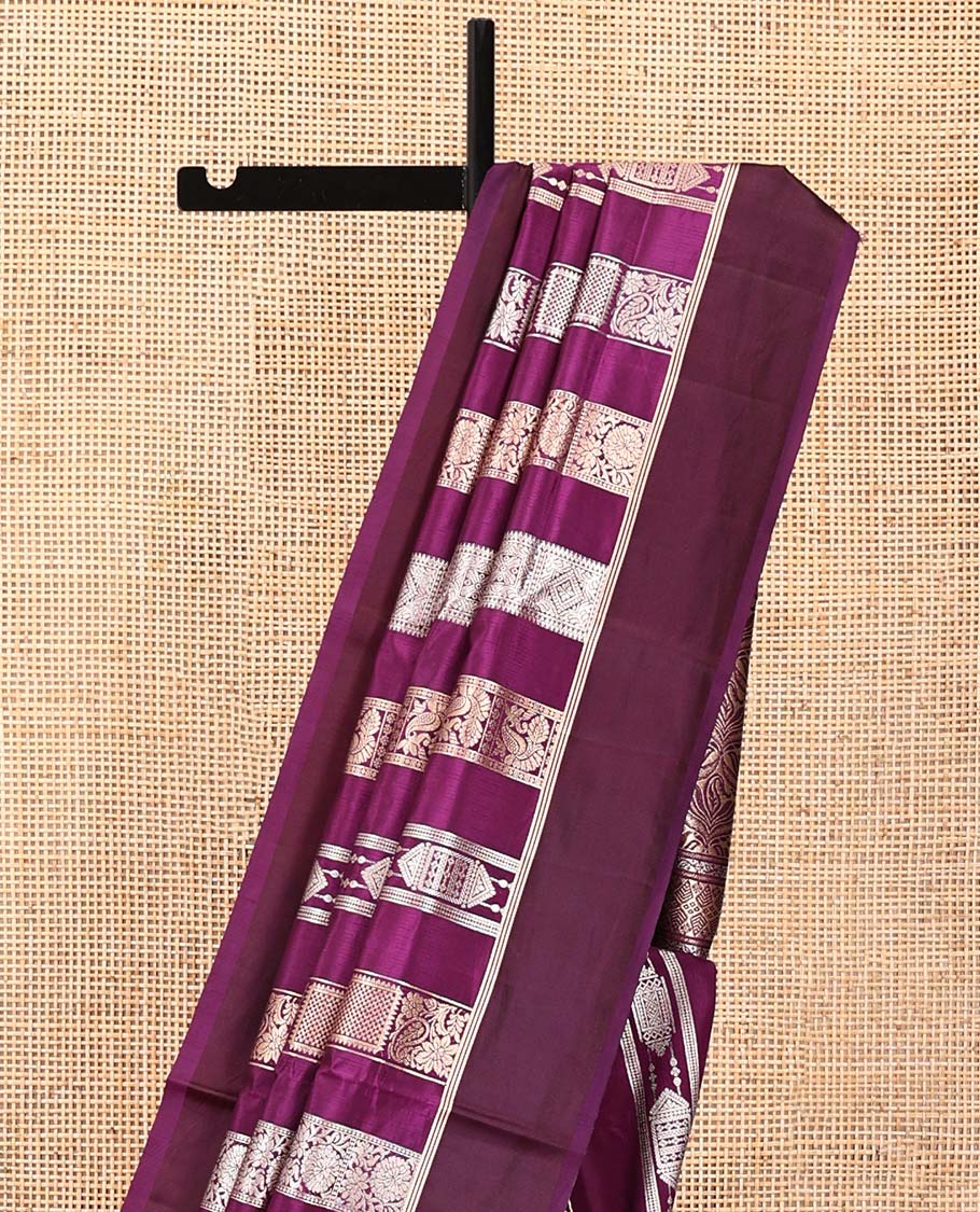Purple Dupion Silk Saree, Richly Features Vertically Woven Traditional Patterns in Zari, Complemented by Contrast Zari Satin Border, Rich Pallu, and Paired with a Matching Blouse