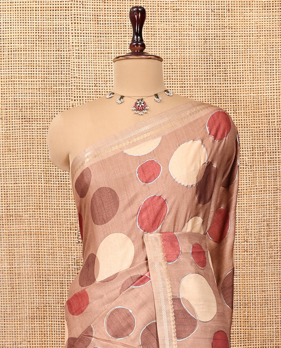Brown Fancy Tussar Saree With Polka Dots, Zari Border, Pallu, and Blouse