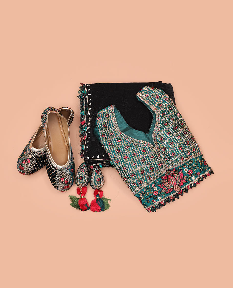 Black Plain Designer Saree, Temple Lace Border, Contrast Lotus Motif Embroidered Belt, a Readymade Blouse, and a Pair of Free Embroidered Punjabi Shoes