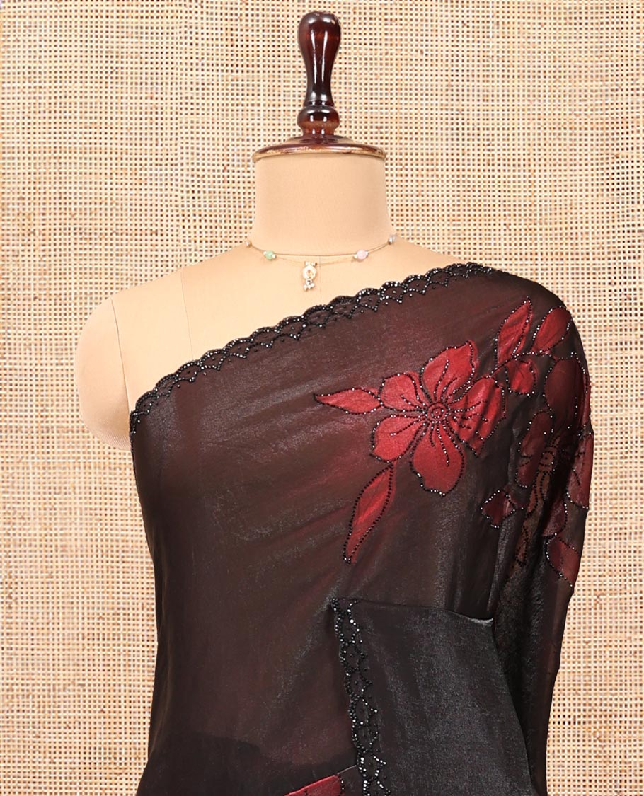 Black Designer Saree, Decorated with Floral Print and Outline Stone Embroidery On Its Body, and Paired with a Matching Blouse