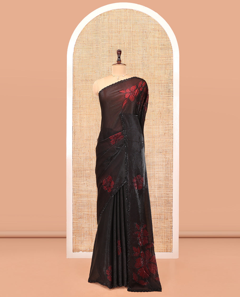 Black Designer Saree, Decorated with Floral Print and Outline Stone Embroidery On Its Body, and Paired with a Matching Blouse
