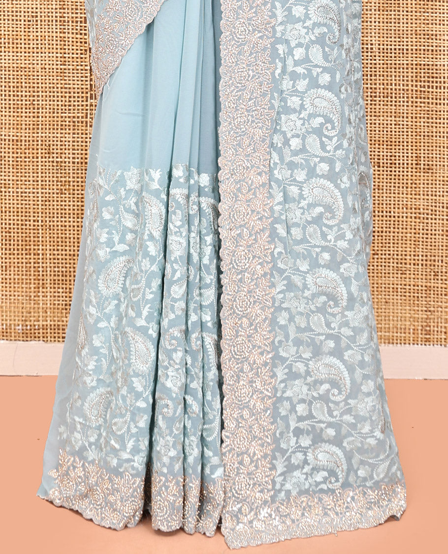 Pale Blue Designer Saree, Crafted with Floral-Paisley Embroidery, a Scallop Stone Embroidered Border, and a Matching Blouse