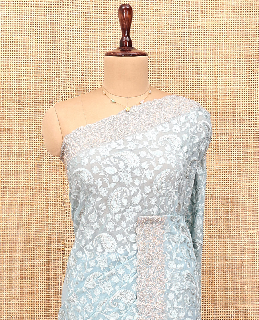 Pale Blue Designer Saree, Crafted with Floral-Paisley Embroidery, a Scallop Stone Embroidered Border, and a Matching Blouse