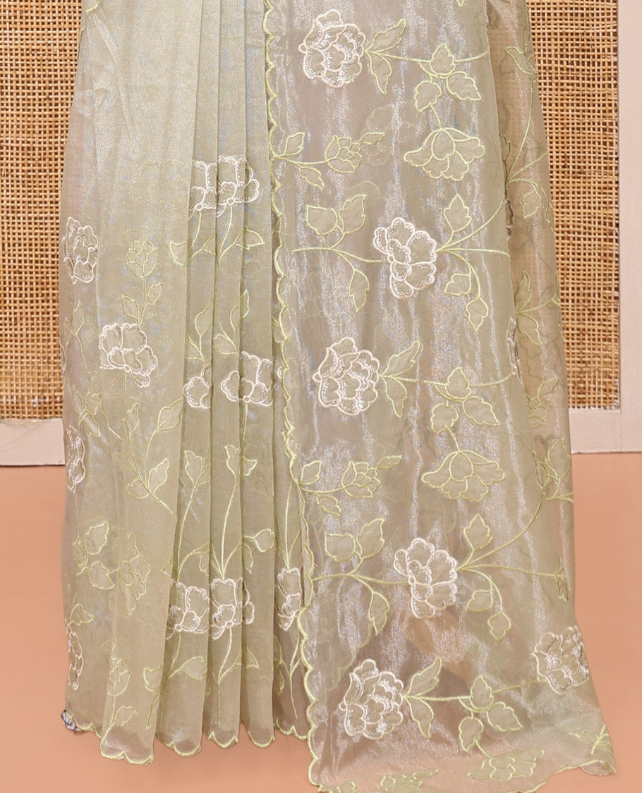 Pale Green Organza Saree, Delicately Woven with Floral Vine Embroidery, a Scallop Border, and a Matching Blouse