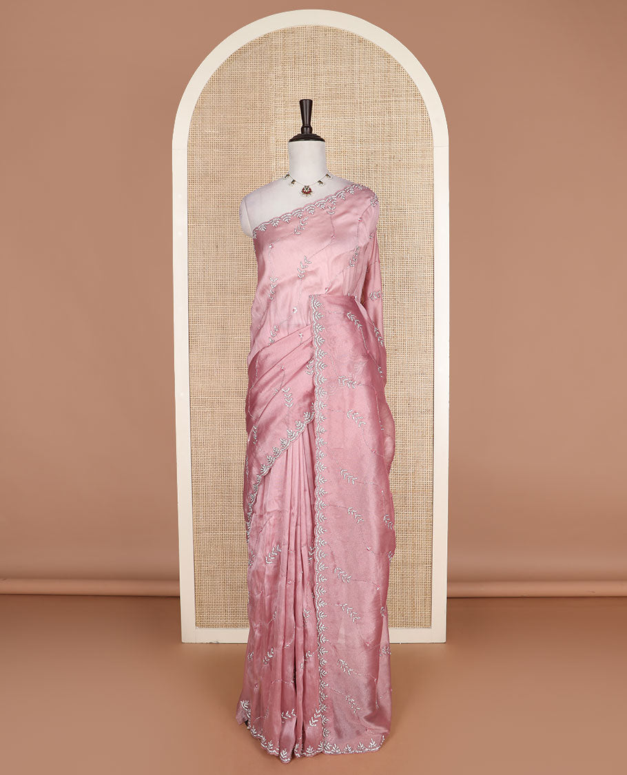 Pink diagonal floral vine embroidered designer saree, stone embroidered scallop border