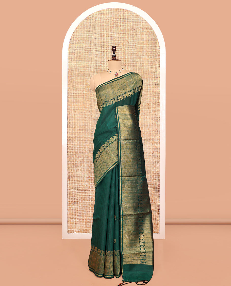 Green Dupion Silk Saree, Subtly Enriched with Buttas, a Traditional Border, Gleaming Zari Pallu, and a Matching Blouse