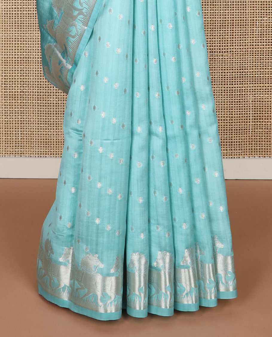 Light blue motifs raw mango silk saree with self border motifs design & argyle design pallu
