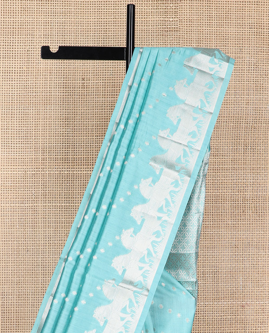 Light blue motifs raw mango silk saree with self border motifs design & argyle design pallu