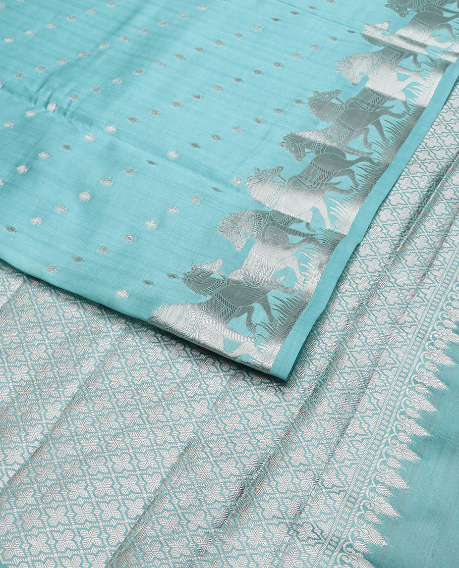 Light blue motifs raw mango silk saree with self border motifs design & argyle design pallu