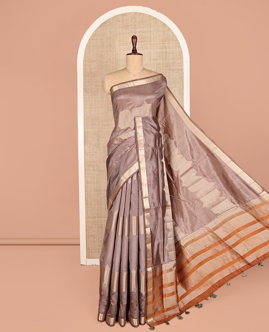 Brown Dupion Silk Saree, Boldly Accentuated with Zig-Zag Stripes, Highlighted by Zari Border, Complemented by a Contrast Zari Striped Pallu, and a Contrast Blouse