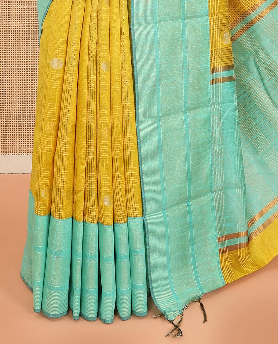 Yellow Semi-Dupion Saree Subtly Sparkled Zari Polka Dot and Horizontal Stripes All Over Its Body, Complemented by Contrast Zari Border, Pallu of Zari Stripes, and Paired with a Contrast Blouse