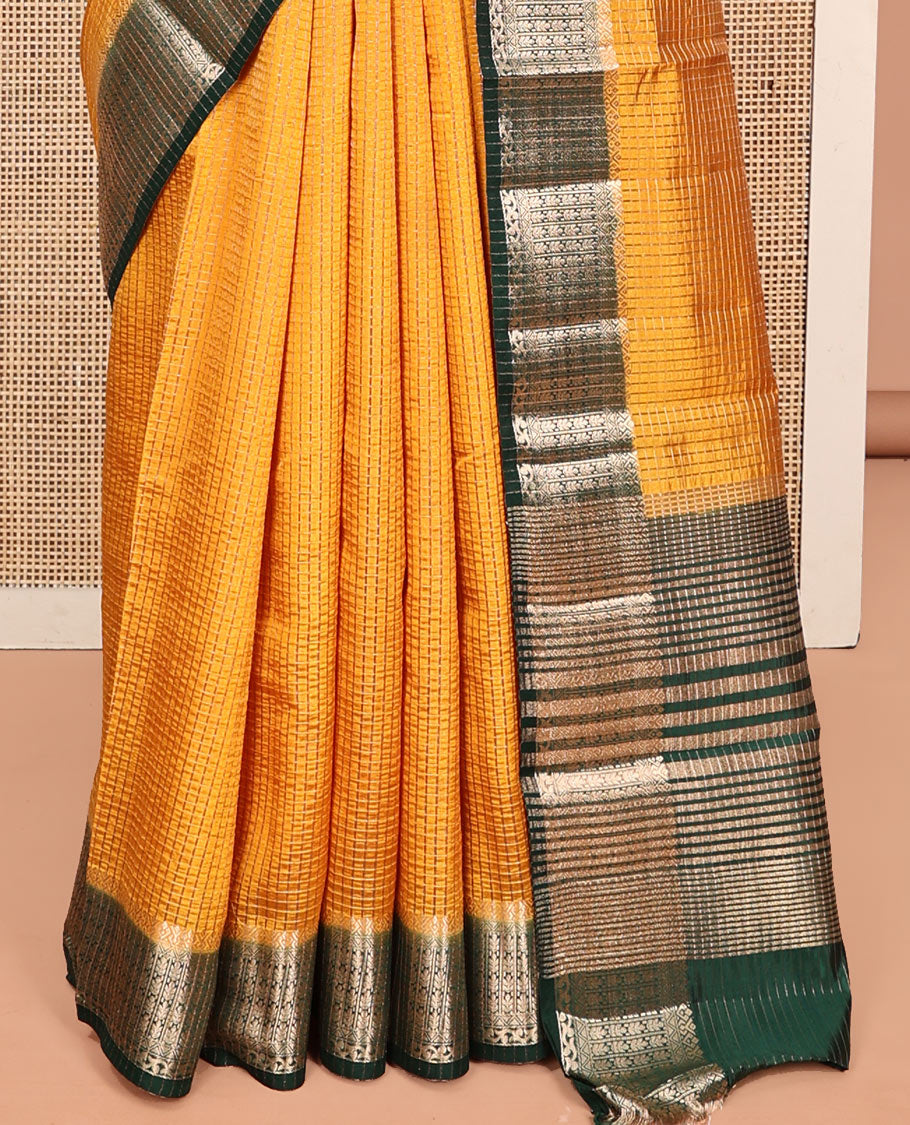Yellow Semi-Banarasi Dupion Saree, Gleamed Up with Zari Checks, a Contrast Traditional Zari Design Border, Striped Pallu, and a Contrast Blouse