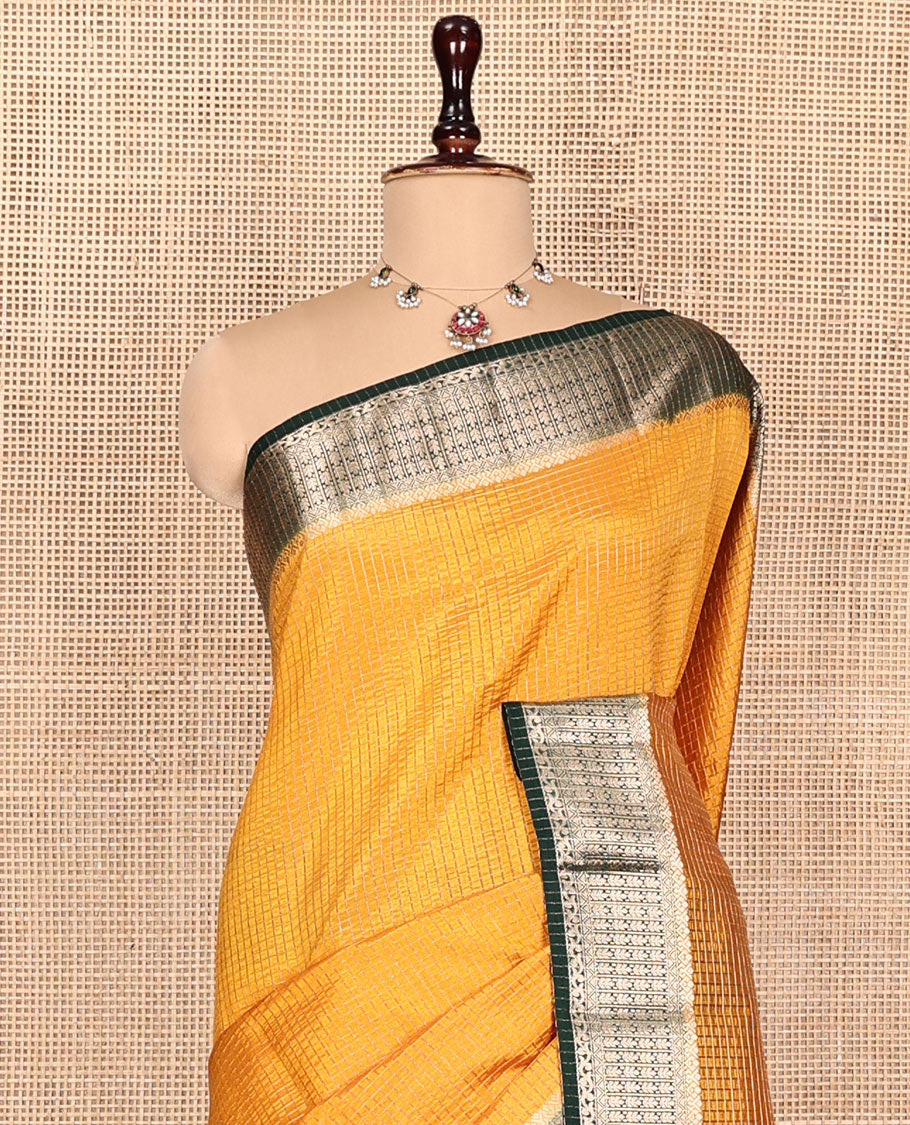 Yellow Semi-Banarasi Dupion Saree, Gleamed Up with Zari Checks, a Contrast Traditional Zari Design Border, Striped Pallu, and a Contrast Blouse