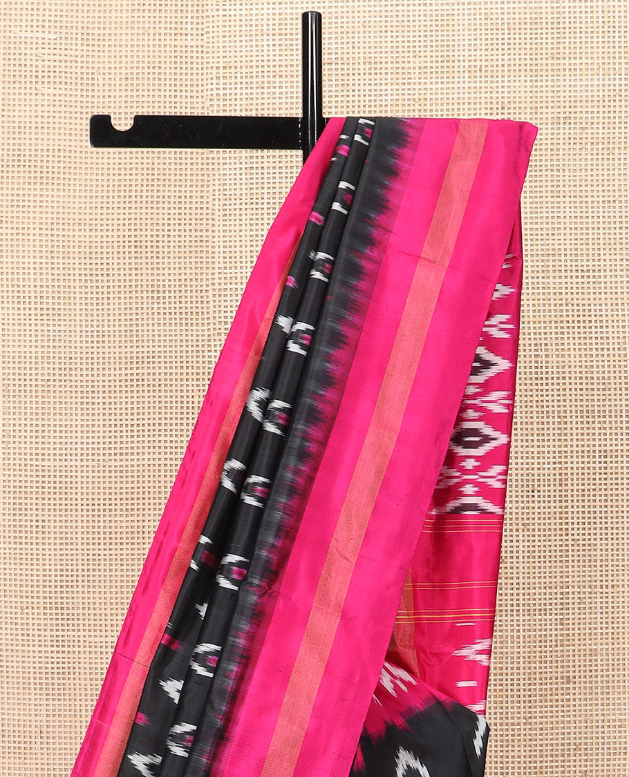 Black Ikkat Silk Saree with Colourful Ikkat Buttas, Beautified with a Contrasting Zari Striped Border, Vibrant Pallu of Jaal Design, and Paired with a Contrast Plain Blouse