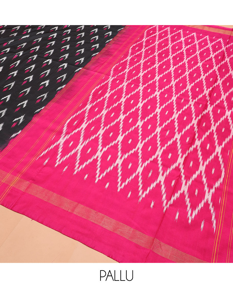 Black Ikkat Silk Saree with Colourful Ikkat Buttas, Beautified with a Contrasting Zari Striped Border, Vibrant Pallu of Jaal Design, and Paired with a Contrast Plain Blouse