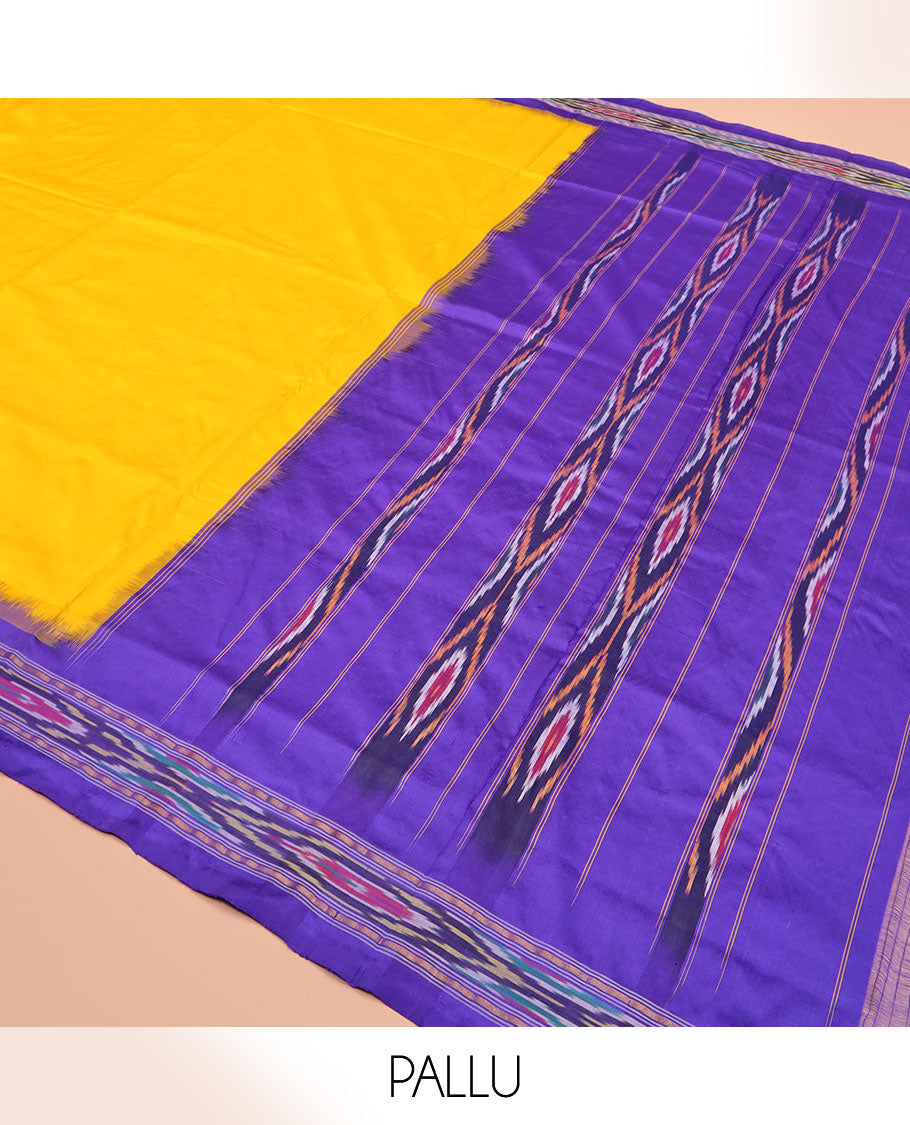 Bright Yellow Plain Ikkat Silk Saree with a Contrast Violet Border Dazzled by a Hazy Ikkat Weave, Featuring a Pallu Flanked by Stripes and Ikkat Texture