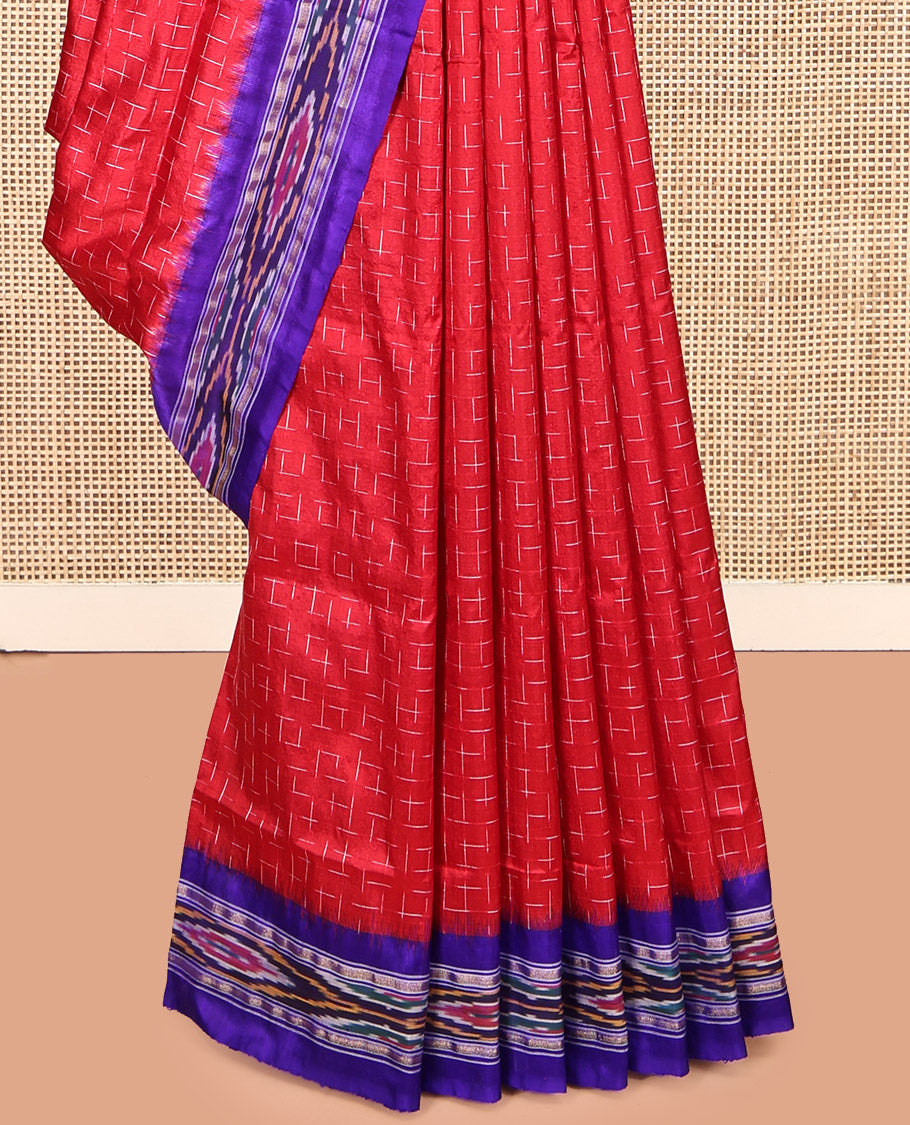 Red Pochampally Ikat Silk Saree, Decked with Geometric Design, Complemented by a Contrast Ikat Border, Ikat-Style Pallu, and No Blouse