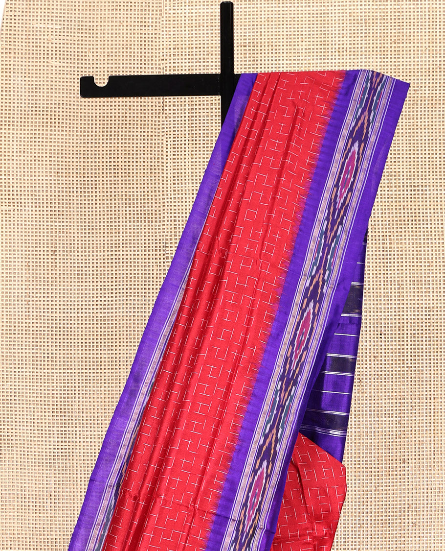 Red Pochampally Ikat Silk Saree, Decked with Geometric Design, Complemented by a Contrast Ikat Border, Ikat-Style Pallu, and No Blouse