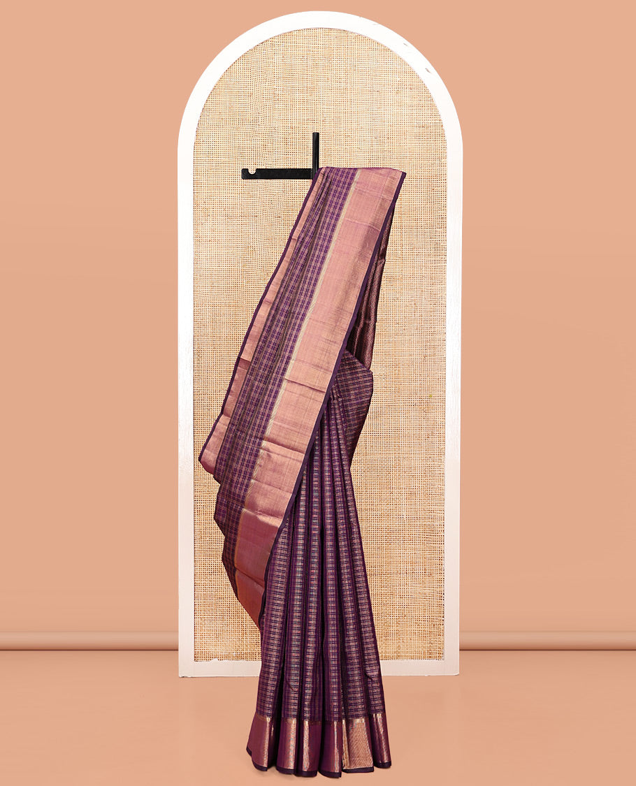 Purple Checked Kanchipuram Silk Saree, Highlighted by a Zari Border, Grand Jaal Pallu, and Matching Blouse
