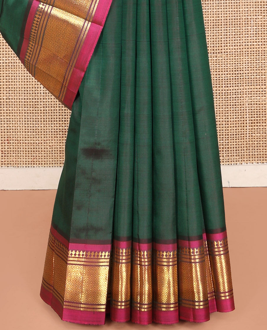 Green Kanchipuram Silk Saree, Enthralled with Zari Buttas, Contrast Border of Paneer Sombu, Banaras, and Jaal, Pallu of Floral Creeper Design, and No Blouse