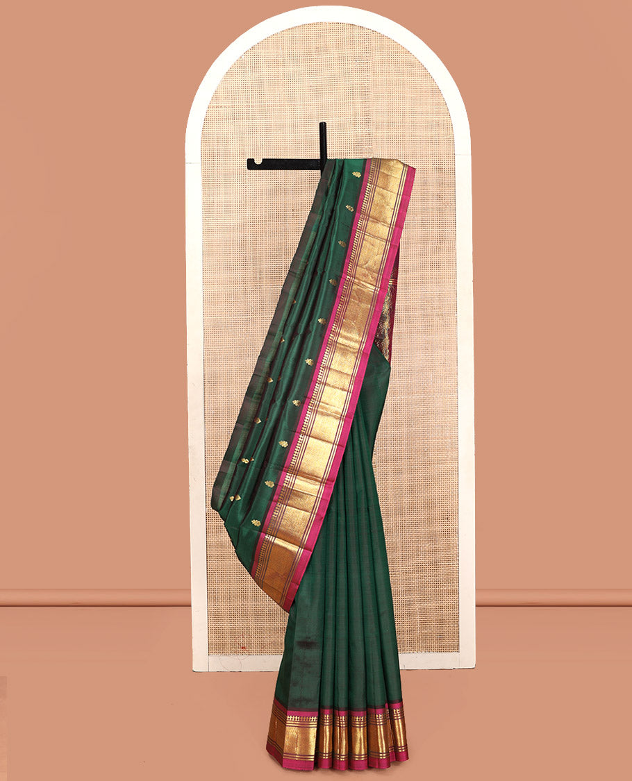 Green Kanchipuram Silk Saree, Enthralled with Zari Buttas, Contrast Border of Paneer Sombu, Banaras, and Jaal, Pallu of Floral Creeper Design, and No Blouse