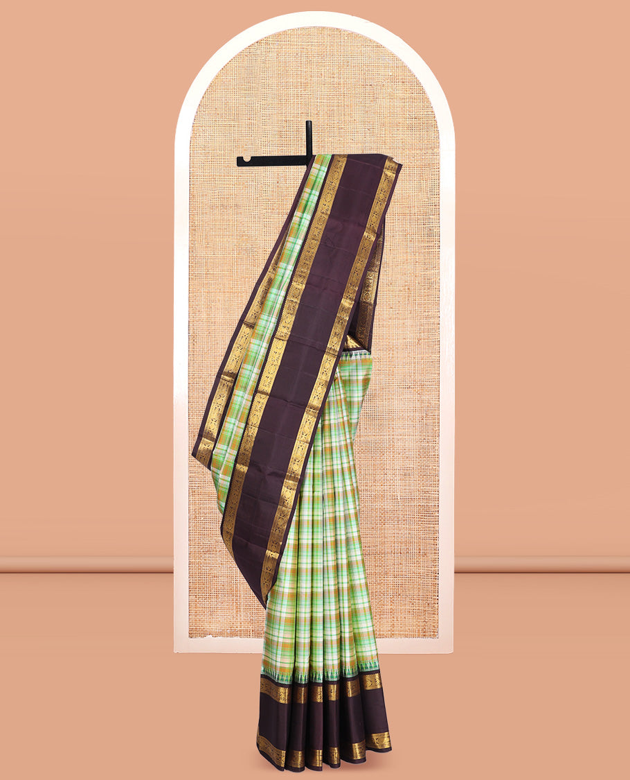 Green Checked Kanchipuram Silk Saree, a Contrast Rettai Pettu Temple Border of Chakram and Kuthirai Designs, Traditional Pallu, and Contrast Blouse
