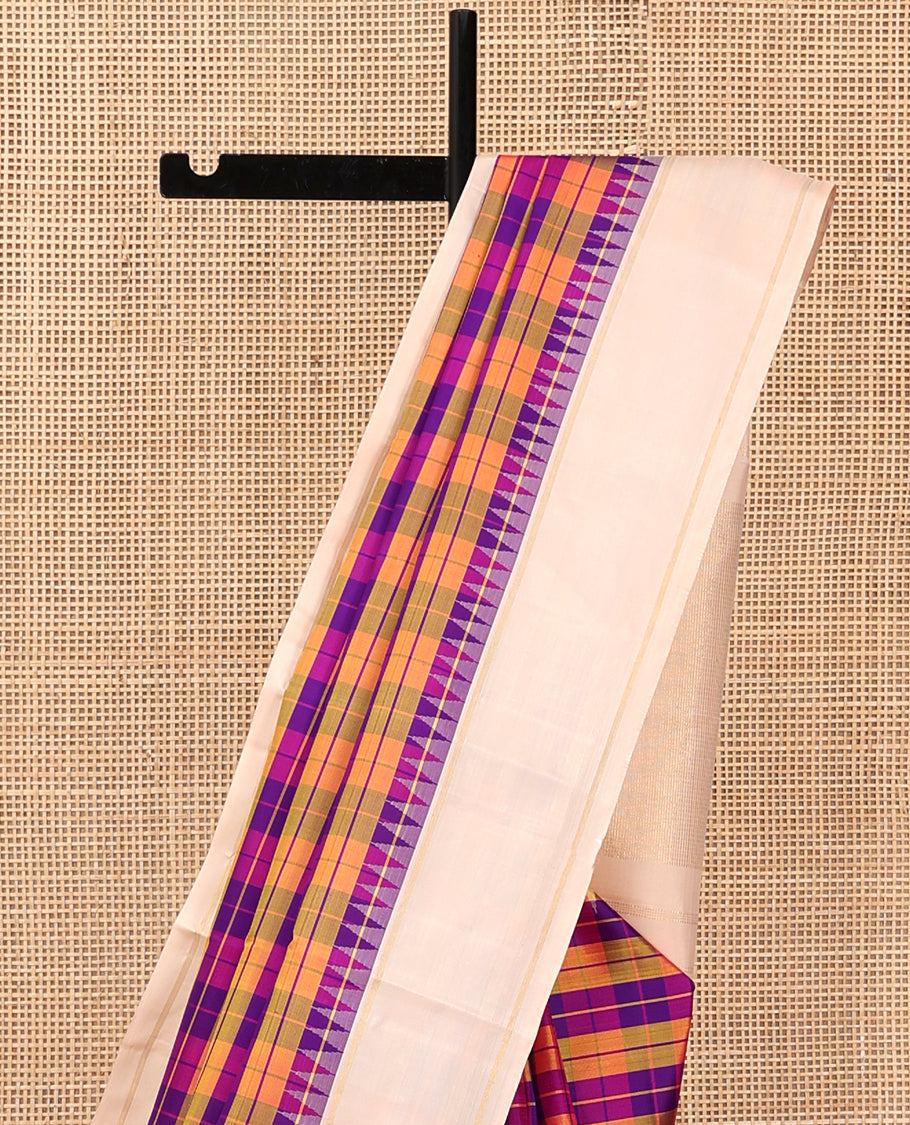 Multi-Color Checked Kanchipuram Silk Saree, Complemented by a Contrast Bodi Thazampoo Rekku Border, Zari Striped Pallu, and a Contrast Blouse