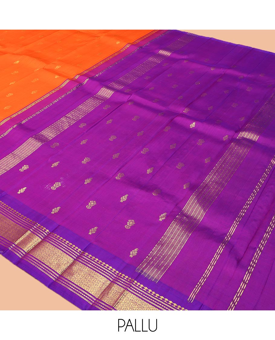Orange Kanchipuram Silk Saree, Decked Up with Zari Buttas on Its Body, Complemented by a Contrast One-Sided Korvai Border of Panner Sombu, Banaras, Muthu, and Mayil Kann Designs, Pallu Features Zari Designs, and Comes Without a Blouse