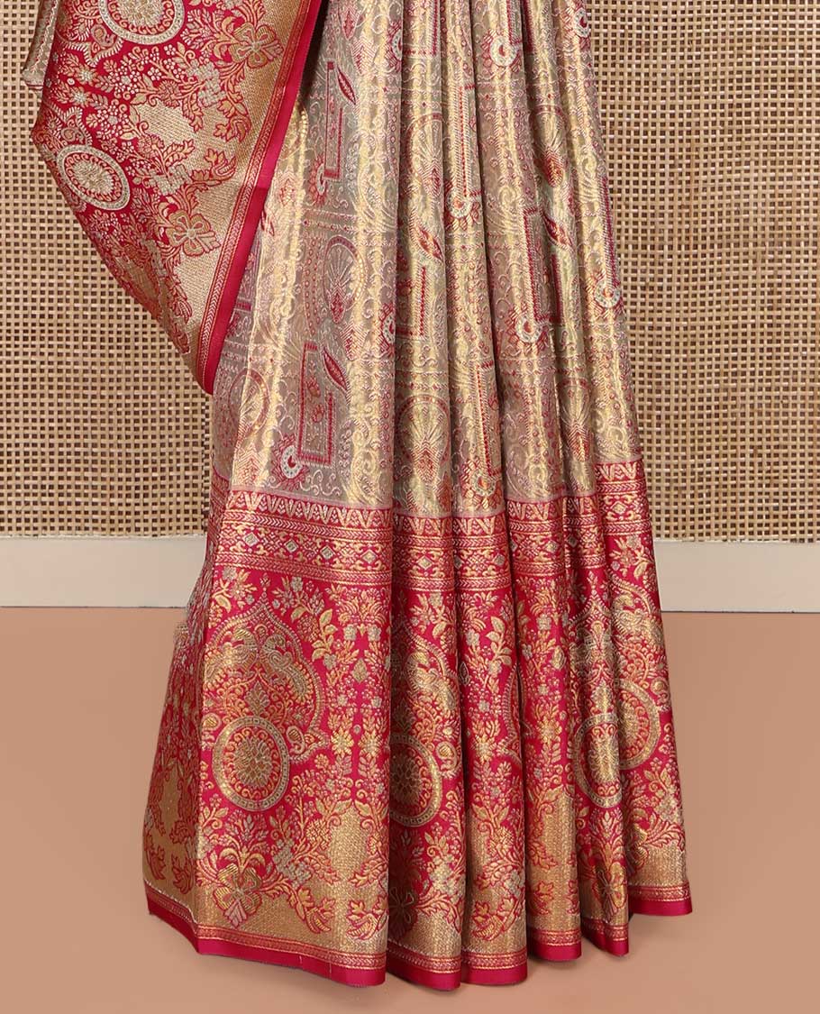 Grey Kanchipuram Tissue Silk Saree, Opulently Embellished with Jacquard Design On Its Body, Complemented by Contrast Mughal-style Intricately Woven Border, Grand Pallu and Paired with a Contrast Blouse