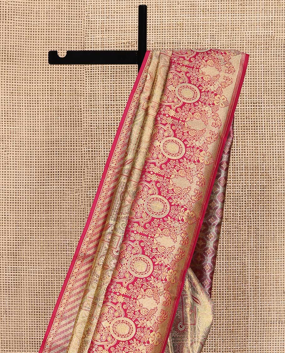 Grey Kanchipuram Tissue Silk Saree, Opulently Embellished with Jacquard Design On Its Body, Complemented by Contrast Mughal-style Intricately Woven Border, Grand Pallu and Paired with a Contrast Blouse