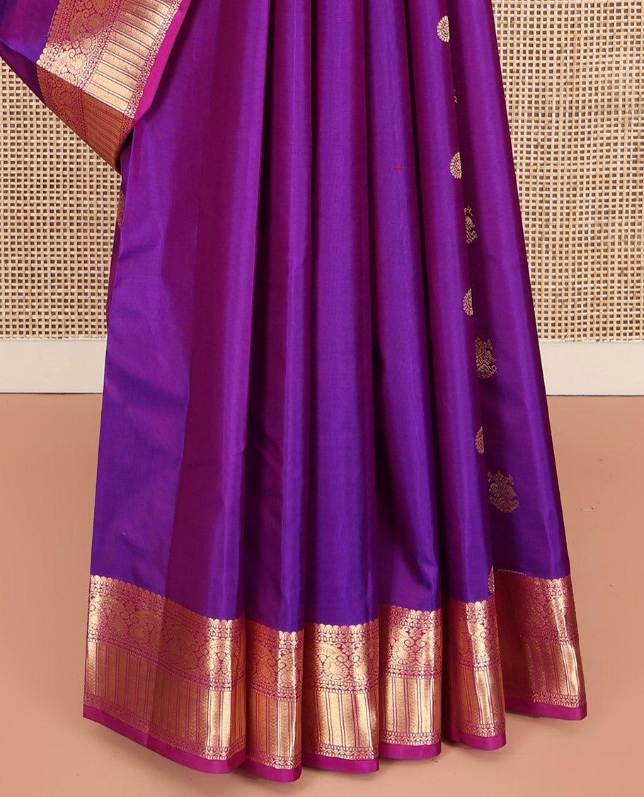 Purple Kanchipuram Silk Saree, Detailed with Chakram and Iruthalai Pakshi Buttas All Over Its Body, Complemented by a Contrast Border of Salngai, Muthu, Neli, Manga, and Kathir Designs, Intricately Designed Pallu, and Paired with a Contrast Blouse