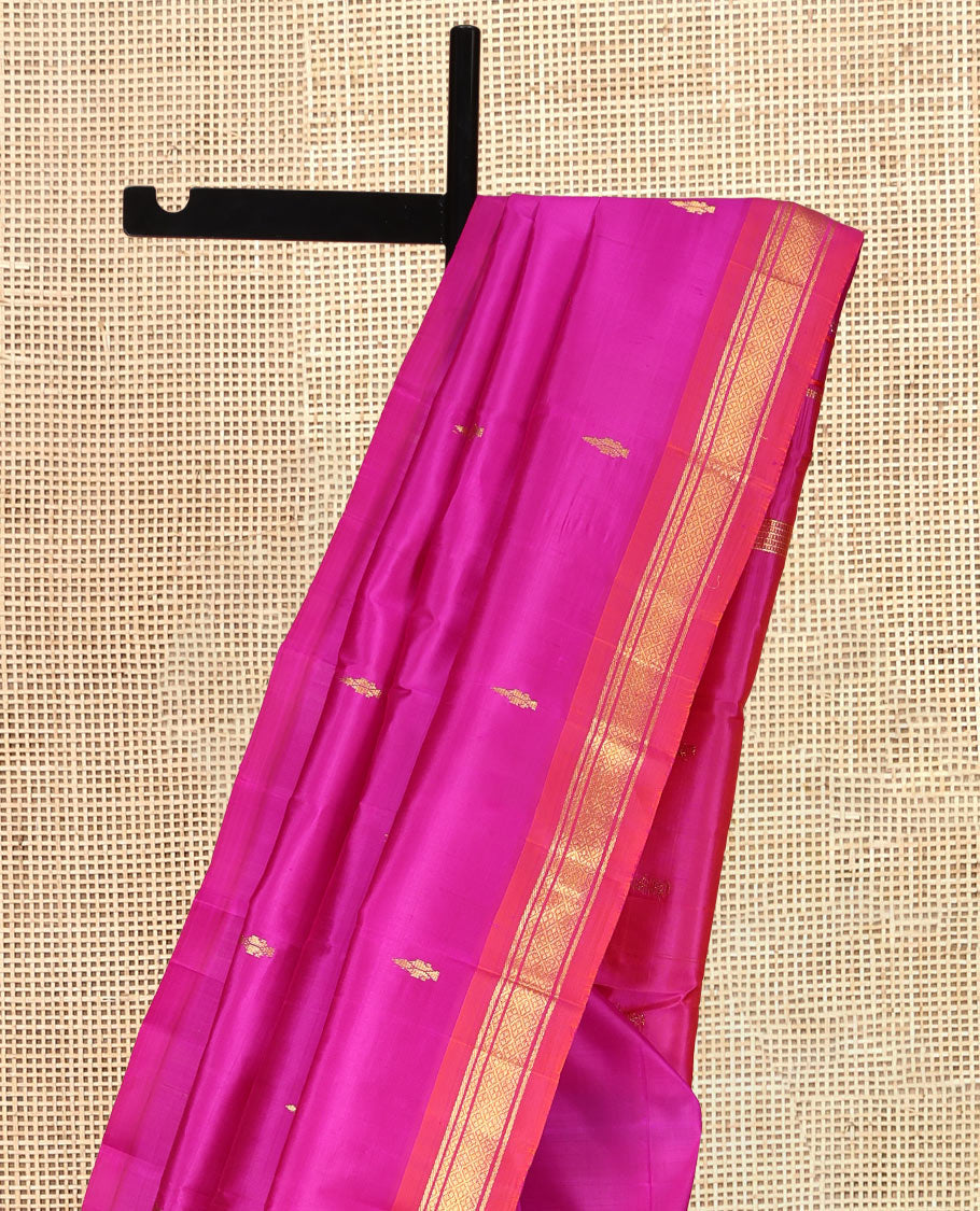 Pink Kanchipuram Silk Saree Featuring Zari Buttas, Complemented by a Contrast One-Sided Border of Banaras, and Jaal Design, Zari Design Pallu, and a No Blouse