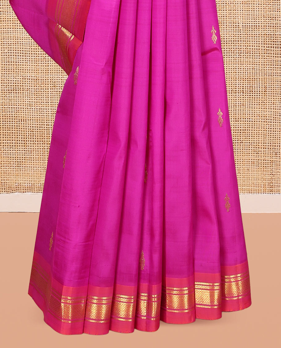 Pink Kanchipuram Silk Saree Featuring Zari Buttas, Complemented by a Contrast One-Sided Border of Banaras, and Jaal Design, Zari Design Pallu, and a No Blouse