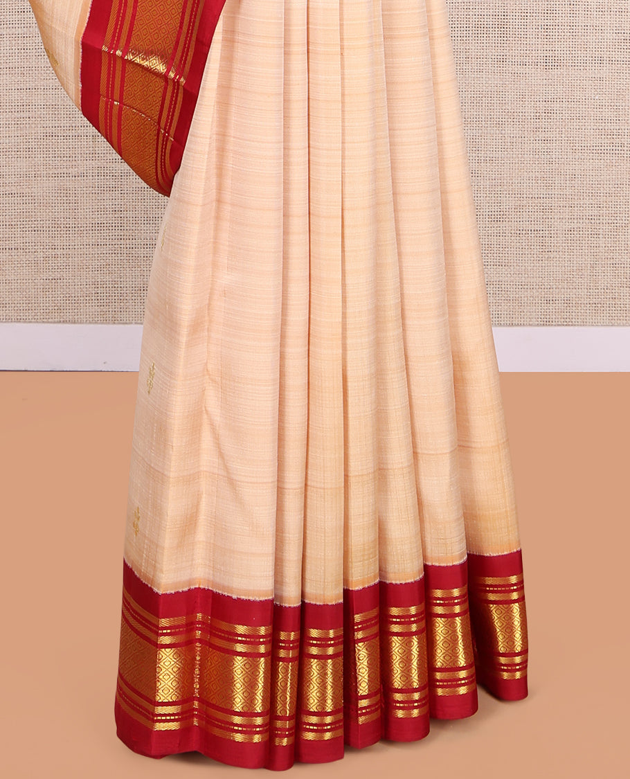 Sandal Kanchipuram Silk Saree, Adorned with Zari Buttas, a Contrast Korvai One-Sided Border of Banaras, Muthu, and Mayil Kann Design, Zari Design Pallu, and No Blouse