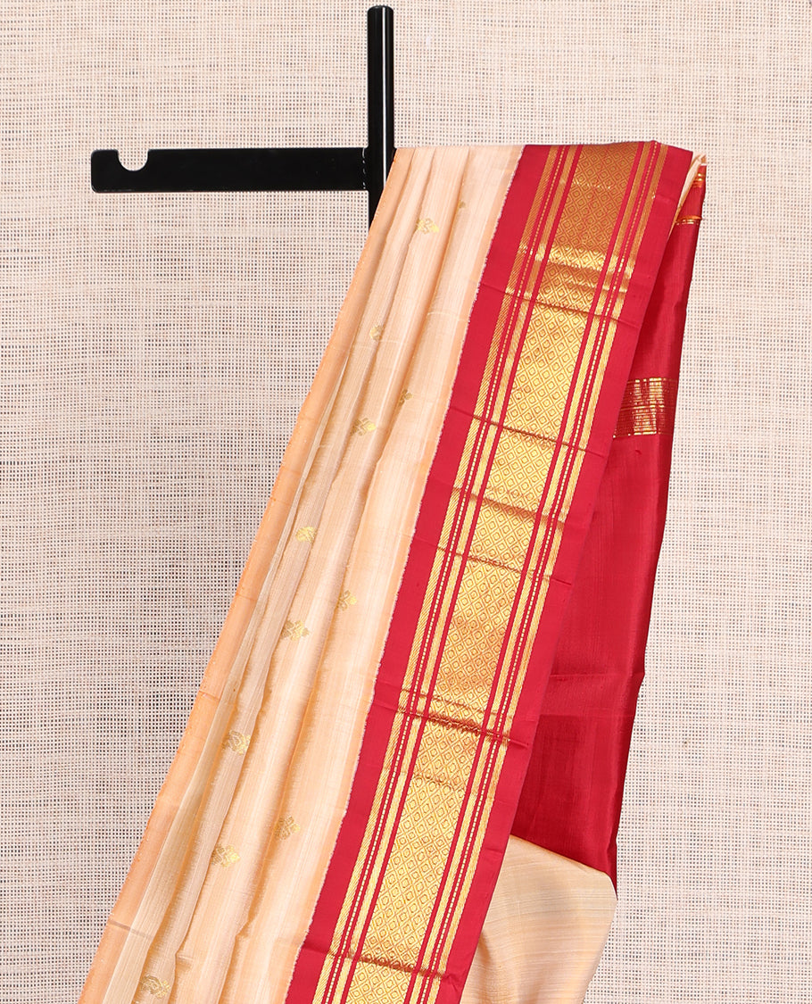 Sandal Kanchipuram Silk Saree, Adorned with Zari Buttas, a Contrast Korvai One-Sided Border of Banaras, Muthu, and Mayil Kann Design, Zari Design Pallu, and No Blouse