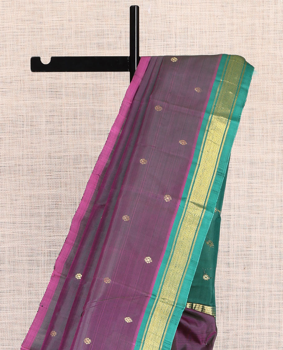 Wine Kanchipuram Silk Saree, Woven with Zari Buttas, a Contrast One-Sided Border of Banaras, and Mayil Kann Designs, Zari Design Pallu, and No Blouse