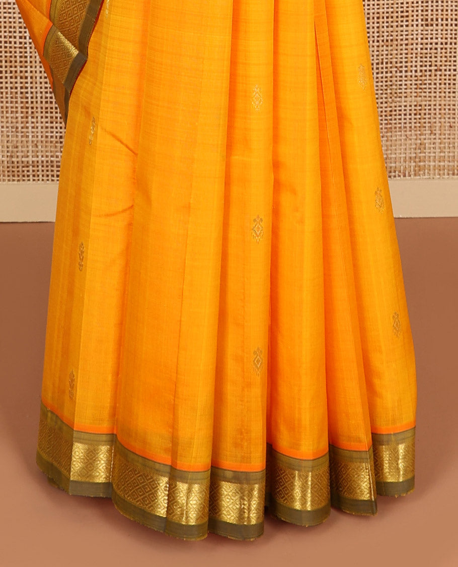 orange buttas kancheepuram silk saree with contrast intricate zari design border & floral design pallu