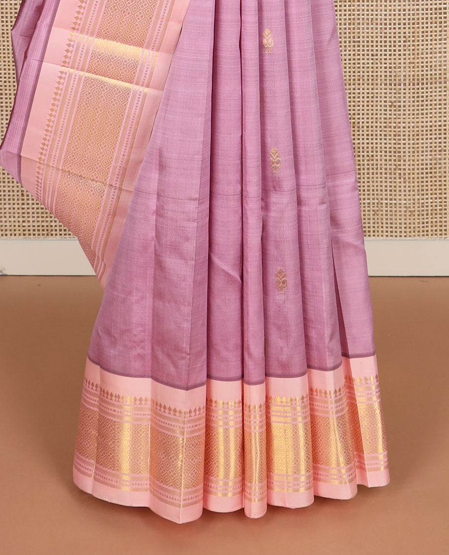 Pink zari buttas kanchipuram silk saree, contrast one-sided border of paneer sombu,banaras,muthu & jaal design & zari design pallu