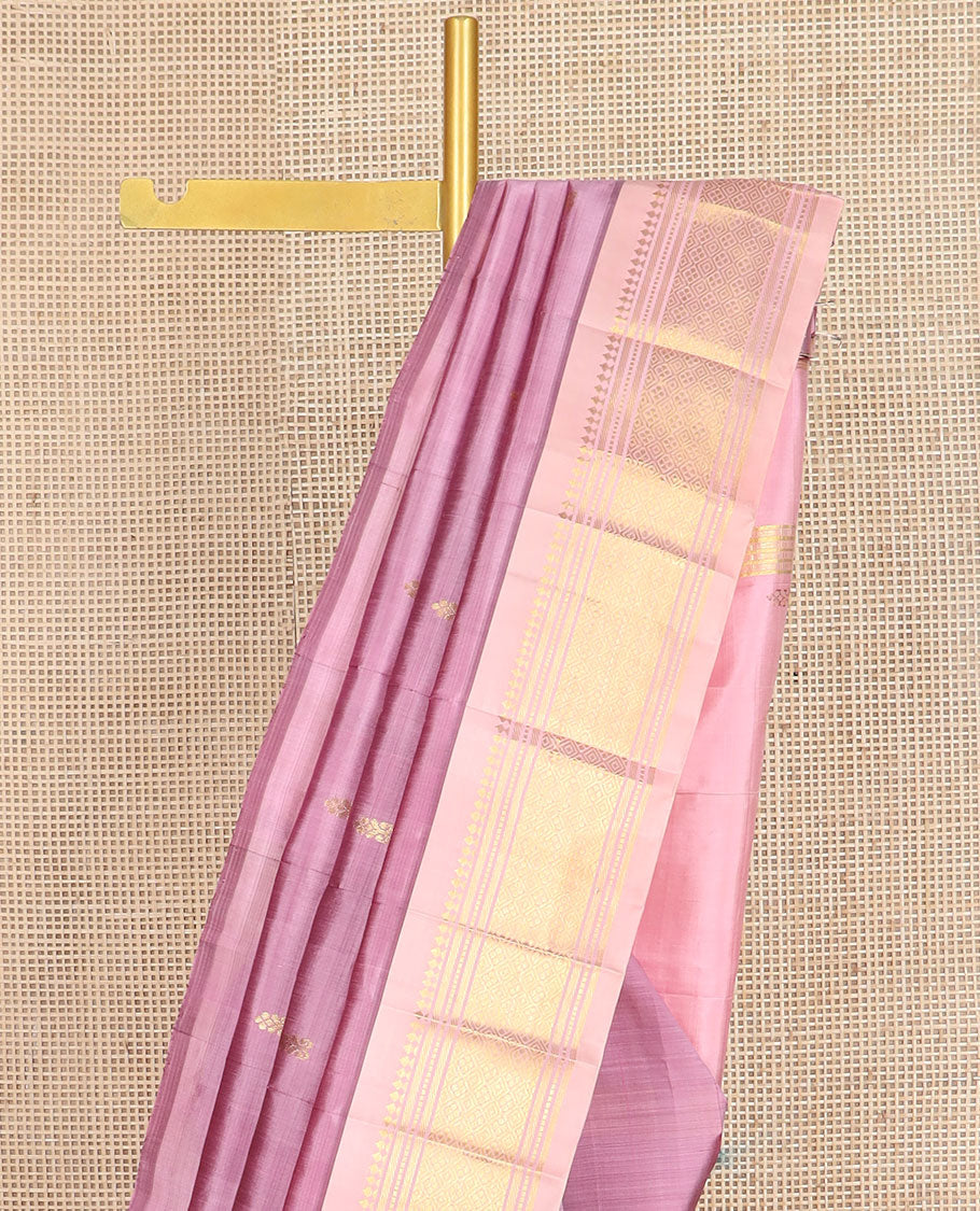 Pink zari buttas kanchipuram silk saree, contrast one-sided border of paneer sombu,banaras,muthu & jaal design & zari design pallu