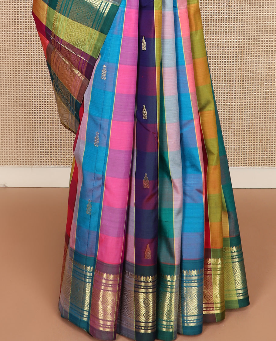 Multi-color checked and zari buttas Kanchipuram silk saree, one-sided border of thilakam mokku, banaras, muthu, and jaal and zari design pallu